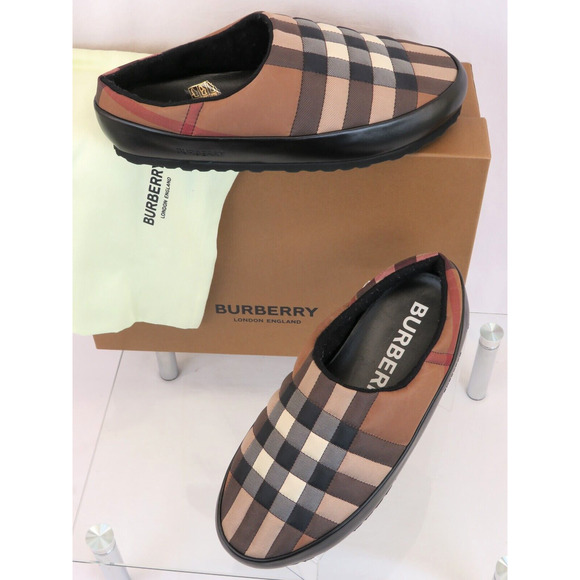$620 BURBERRY NORTHAVEN BROWN QUILTED CHECK BLACK LEATHER LOGO SLIPPERS 44 US 11 - Picture 4 of 14